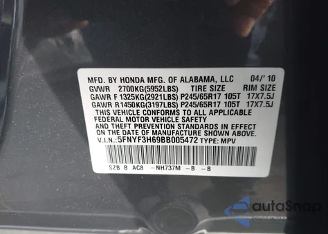 2011 Honda Pilot Ex-L z USA, uszkodzony, nr VIN 5FNYF3H69BB005472